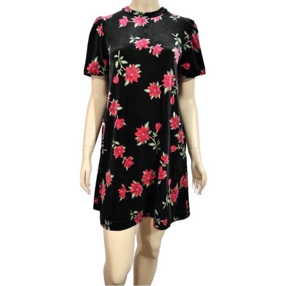 Draper James RSVP New Size M Short Sleeve Mockneck Velvet Dress Black Red Floral